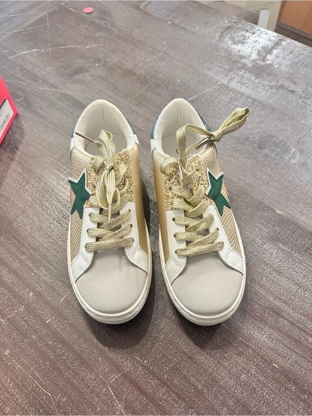 Women’s Gold Metallic & Green Star Leopard Accent Sneakers